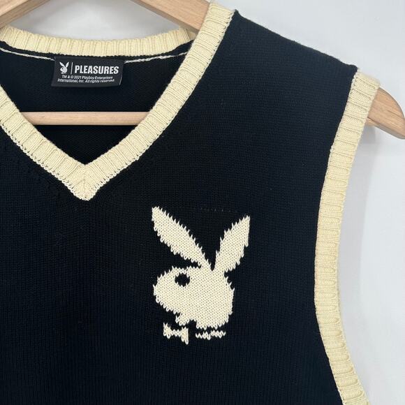 PLEASURES x Playboy Sweater Vest Vintage V-Neck Sleeveless Logo Pullover, Black - Picture 6 of 14